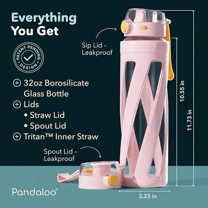 Pandaloo® Orbit 32 oz Glass Water Bottle with 2 Leak-Proof Lids (Straw & Spout), Wide Mouth, Borosilicate Glass, BPA-Free, Cup Holder Friendly for Gym, Work, Travel & Daily Hydration– Tender Pink
