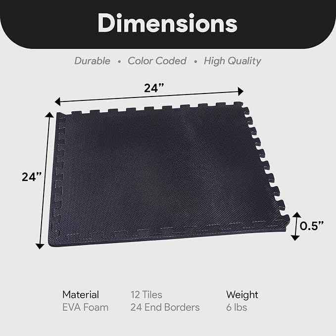 BalanceFrom Puzzle Exercise Mat 1/2" Thick, EVA Interlocking Foam Floor Tiles for Home Gym, Mat for Home Workout Equipment, Floor Padding for Kids, Black, 24 in x 24 in x 1/2 in, 48 Sq Ft - 12 Tiles | Tiles for Home Gym, Mat for Home Workout Equipment,...