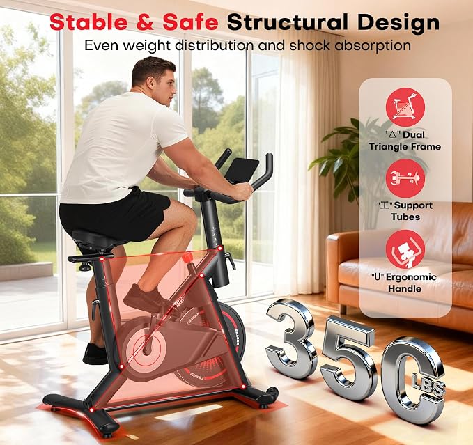 CHAOKE Exercise Bike, Quiet Adjustable Magnetic Stationary Bike for Home Cardio with App Compatible, 350LB Weight Capacity Indoor Cycling Bike with Comfortable Seat, Digital Display for Home Fitness