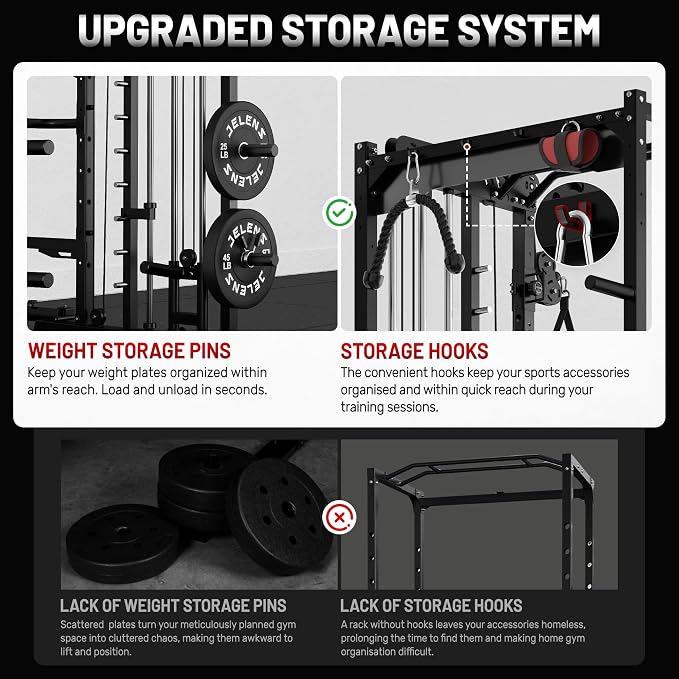 JELENS Smith Machine for Home Gym, Multi-Function M12 Power Cage with Cable Crossover System, Squat Rack with Smith Bar and More Attachment