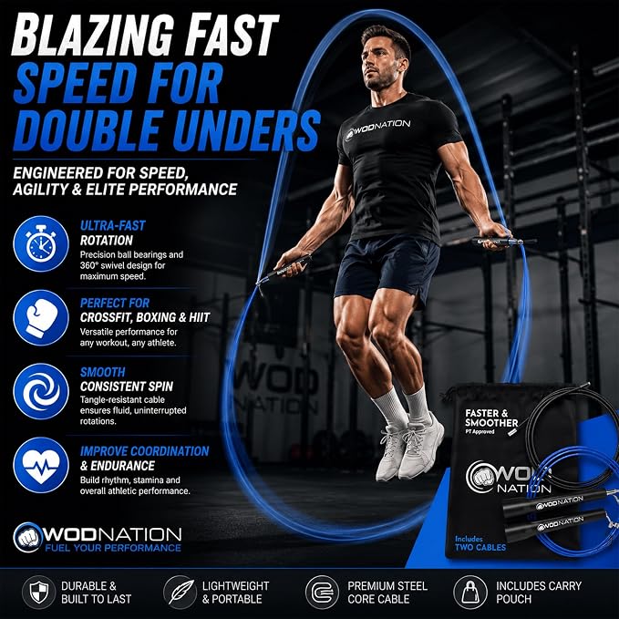 WOD Nation Adjustable Speed Jump Rope For Men, Women & Children - Blazing Fast Fitness Skipping Rope Perfect for Boxing, MMA, Endurance
