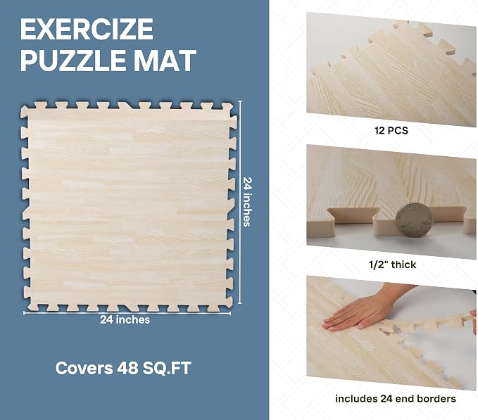 Art3d 48 Sq.Ft Eva Puzzle Exercise Mats, 24"x24" x 1/2" Thick Foam Interlocking Tiles for Flooring, Workout, Gym Equipments, Pack of 12, White Oak