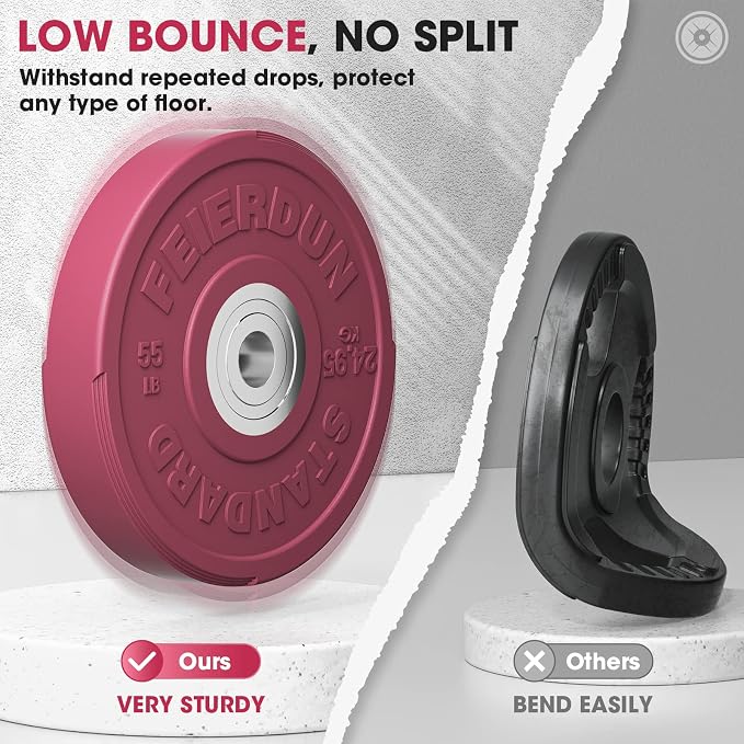 FEIERDUN Color Bumper Plate Set, 2-Inch Olympic Weight Plates, Low Bounce Rubber Barbell Plates with Stainless Steel Insert for Weightlifting, Strength Training, CrossFit & Home Gym, 10LB-370LB