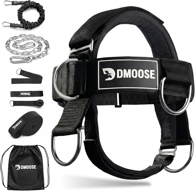 DMoose Fitness Neck Harness for Weight Lifting - Soft Padded Head & Chin Strap with 30" Heavy Duty Steel Chain - Neck Exerciser, Trainer & Strengthener to Support Injury Recovery and Intense Workouts