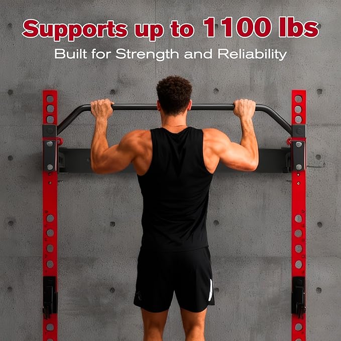 MU 2" x 2" Folding Squat Rack, 1100LBS Wall Mounted Power Rack with Adjustable Pull Up Bar, J Hooks, Landmine, Foldable Squat Rack for Home Gym, Garage, Training Studios (Black and Red)