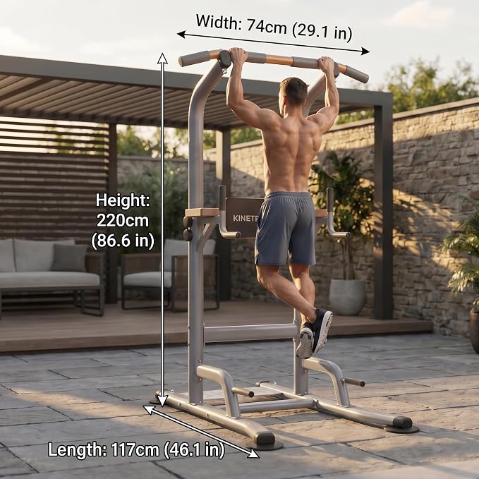Multi-Function Power Tower Pull Up Bar Station with Pilates Resistance Bands, 450LBS Stable Pull Up Dip Station with Push Up Handles for Home Gym Strength Training Equipment