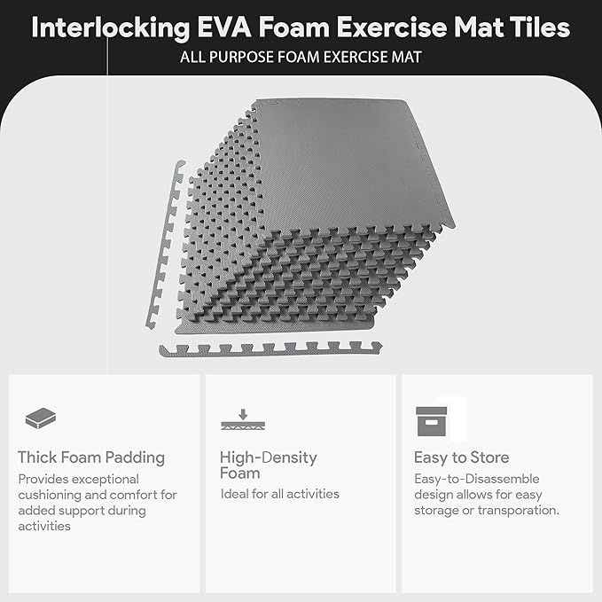 BalanceFrom Puzzle Exercise Mat 1/2" Thick, EVA Interlocking Foam Floor Tiles for Home Gym, Mat for Home Workout Equipment, Floor Padding for Kids, Gray, 24 in x 24 in x 1/2 in, 48 Sq Ft - 12 Tiles | Tiles for Home Gym, Studio, or Playroom Flooring, Gr...