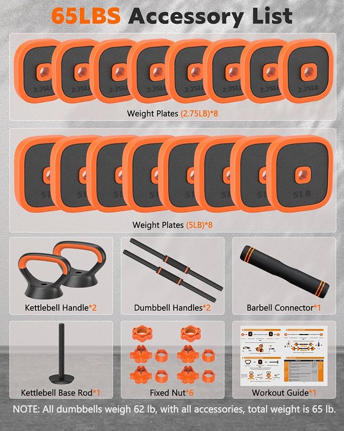 Rendpas 4-in-1 Adjustable Dumbbell Set with Foldable Bench for Home Gym | 800LB Capacity, 10 Angles Incline, Convert to Barbell, Kettlebell, Push-Up Stand