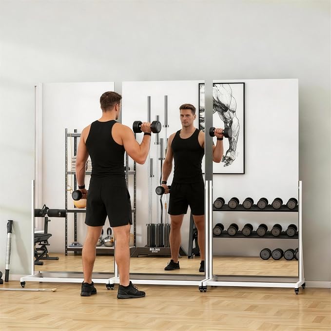 Full Length Rolling Mirror on Wheels, 71" x 24" Home Gym Mirrors with 360° Rotation, Standing Holder, Tempered Glass & Metal Frame, Use for Bedroom, Dance Studio, Fitness