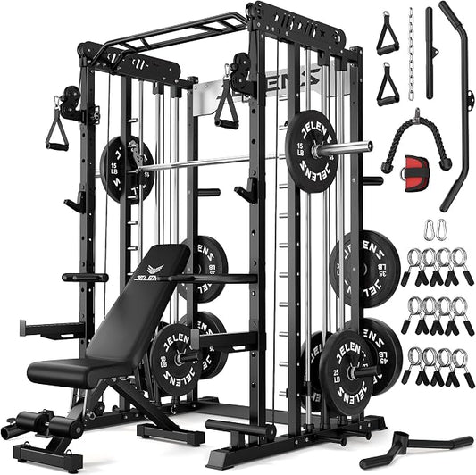 JELENS Smith Machine for Home Gym, Multi-Function M12 Power Cage with Cable Crossover System, Squat Rack with Smith Bar and More Attachment
