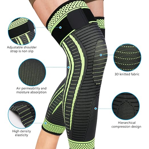Full Leg Compression Sleeves 2 Pack anti Sliping Ventilation Long Knee Support with Wraps for Men and Women Long Knee Compression Sleeve for ACJ, PCL, Meniscus Tear, Arthritis (XXL, Green)