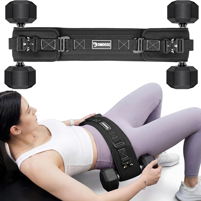 DMoose Fitness Hip Thrust Belt - Dual-Strap Glute Builder for Dumbbells, Plates, Kettlebells (Supports up to 700 lbs) - Comfortable Padded Booty Belt for Home & Gym
