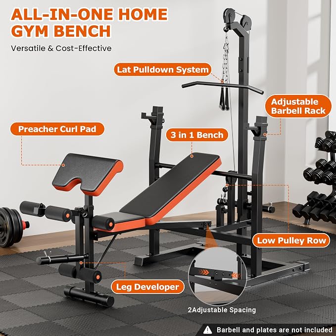 Fostoy Olympic Weight Bench with Lat Pulldown, Squat Rack & Leg Curl | Adjustable,Cable Row, Squat Rack, Leg Developer, Preacher Curl, Multi-Angle Backrest, Full Body Strength Training