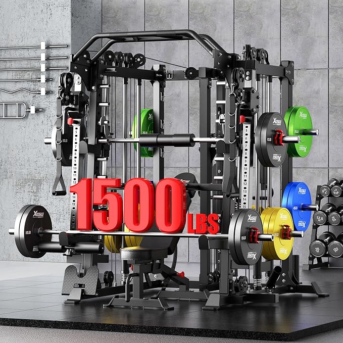 Smith Machine，Multi-Function Squat Rack Power Cage with Cable Crossover System,with Optional Weight Bench, Olympic Barbell Weight Set, for Home Gym