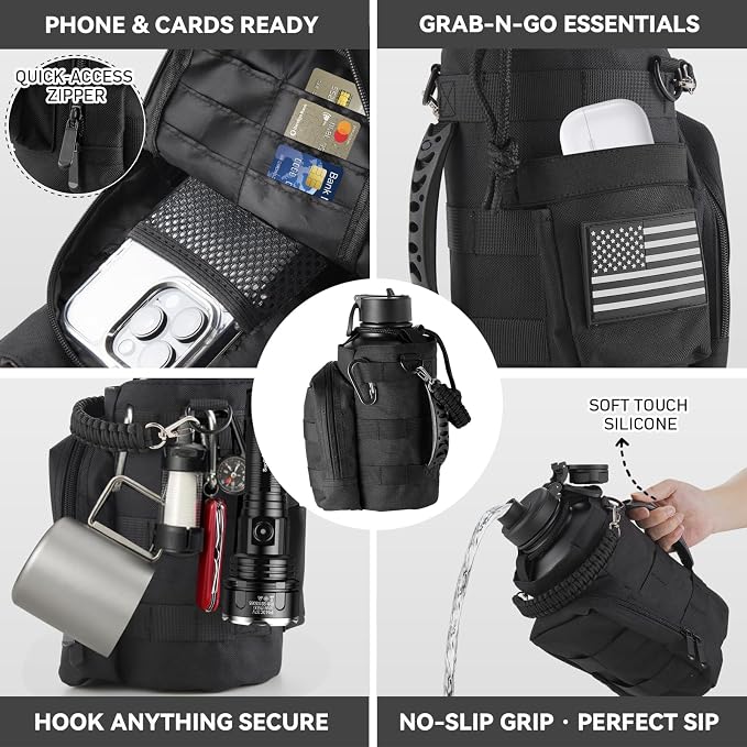 KXIAOCHEN Insulated Water Bottle with Strap, 48-Hour Cold, 2 Lids | Triple-wall insulation, lead-free 18/8 Stainless steel, paracord handle, carabiner clip, for gym, hiking, camping and travel