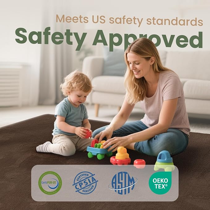 Baby Play Mat for Floor,1.3" Thick Elasti-Foam 74"×50" Playpen Mat, Non-Toxic Certified Water-Repellent Coral Velvet, Non-Slip Safe Crawling Mat for Tummy Time, Toddler & Infant(Dark Brown)