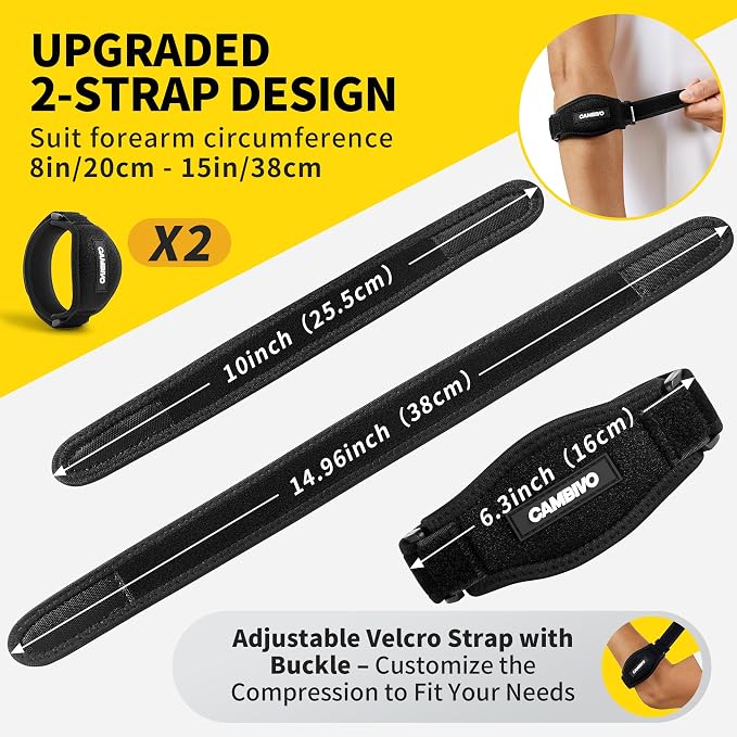 CAMBIVO 2 Pack Tennis & Golfer’s Elbow Brace, Counterforce Compression | Dual Adjustable Strap, Honeycomb Terry Lining, Breathable, Low-Profile Buckle, Forearm Support, for Tendonitis, Gym, Typing