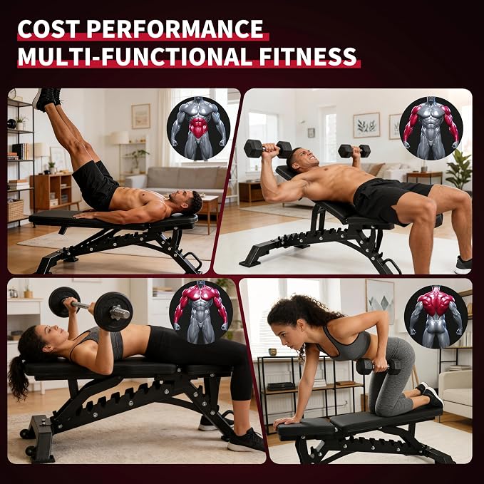 Adjustable Weight Bench, 1200LB Heavy-Duty Capacity Workout Bench with 50mm x70mm Thickened Steel Frame, Adjustment Incline Bench for Home, Gym & Professional Competition,2.1" Thickened Pad, Dual-Track Silent Wheels