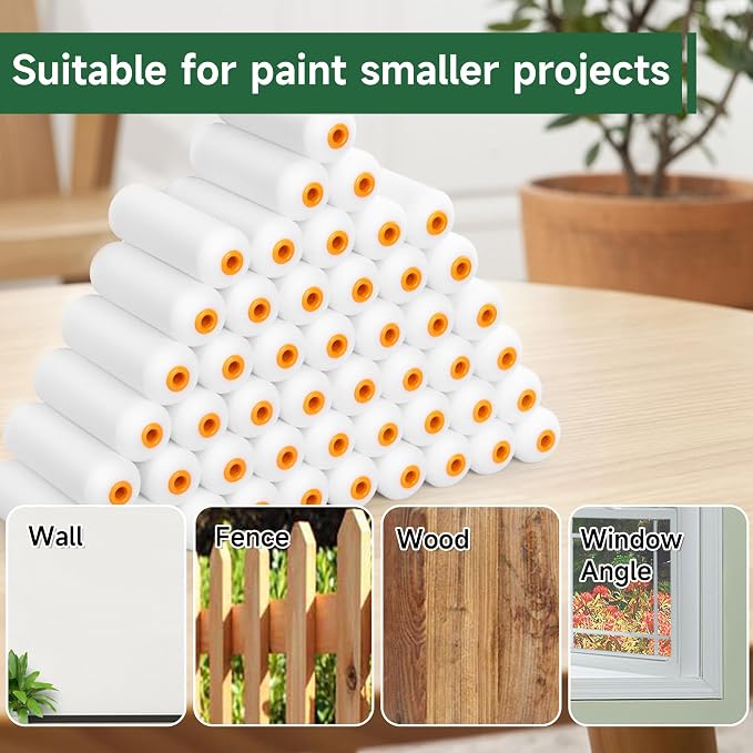 VOOMEY Mini Paint Roller Covers, 4 Inch High Density Foam Roller, 48 Pack | Small Paint Roller, Fits All Flat Surfaces, Including Walls, Cabinets, Furniture, Doors, Tables & DIY Painting Projects