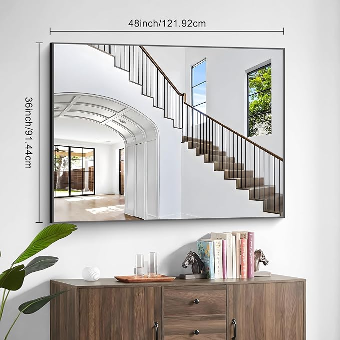 36x48 Inch Black Rectangle Mirrors for Wall, Large Bathroom Mirror for Over Sink, Black Framed Rectangular Mirror for Living Room Bedroom Bathroom, Hangs Horizontally or Vertically