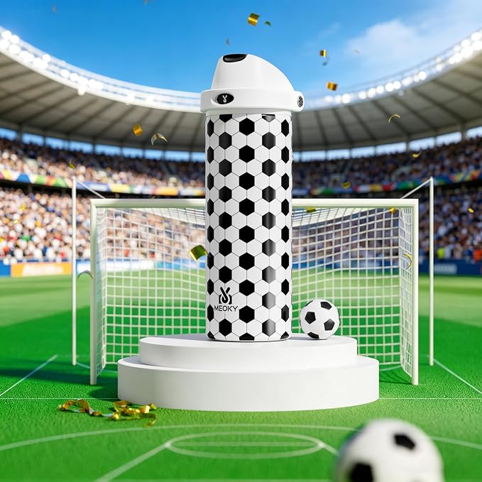 24 oz Insulated Water Bottle with Straw: Meoky Stainless Steel Soccer Water Bottle with 2-in-1 Lid - Leak Proof, Cold for 24 Hours, Fits in Car Cup Holder, Soccer Gifts for Boys Girls, Arena Light