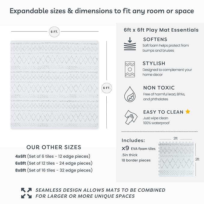 Little Landings Baby Play Mat for Floor - Boho (6x6ft) - Premium EVA Foam Play Mat for Babies & Toddlers (Ages 0-5+) - Non-Toxic Playmat for Tummy Time, Crawling & Playroom - Stylish & Comfortable