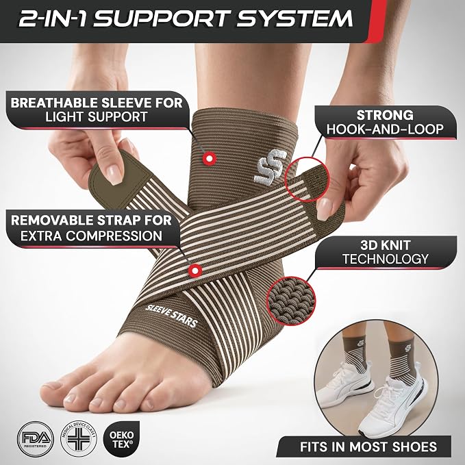 Sleeve Stars Ankle Brace for Women & Men, Ankle Wrap for Sprain, Compression Sleeve for Plantar Fasciitis Relief, Easy Customizable Support: w/ Removable Strap (Pair/M:10"-12"/Mocha Brown)