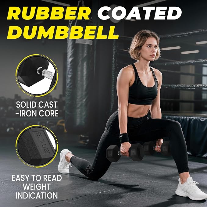 HulkFit Rubber Coated Hex Dumbbells, Anti-Roll Hand Weights, Non-Slip Ergonomic Handle Low Odor for Home Gym