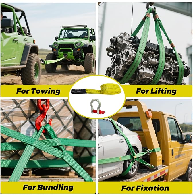 HENBOW Lifting Straps with D Ring Shackle,6.5' × 3" Heavy Duty Flat Lift Sling Straps for Hoist 6600 lbs Safety Load，Web Sling Car Tree Saver Winch Recovery