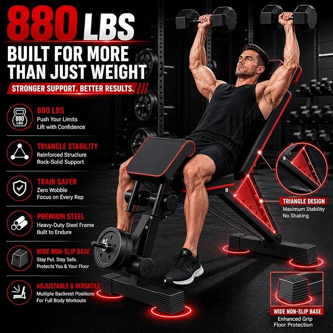 Adjustable Weight Bench, Foldable Workout Bench Press for Home Gym | Heavy duty utility incline decline flat bench with preacher curl, leg extension for full-body strength training.