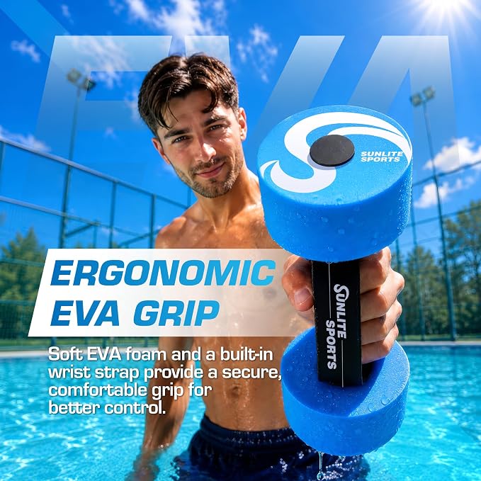 Sunlite Sports Water Weights Pool Exercise Dumbbells, Water Aerobic Equipment, High-Density EVA-Foam Dumbbell with Handle Strip, Aqua Therapy, Pool Fitness, Water Exercise, Set of 2