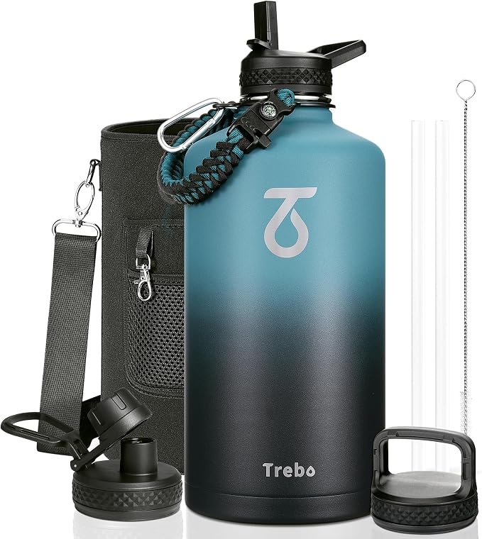 Trebo One Gallon Water Bottle Insulated with 3 Lids, Paracord Handle & Bag | 128 oz Large Stainless Steel Water Jug, Triple Wall Vacuum Copper Plated, Dishwasher Safe, Keeps Cold 48 Hrs for Hiking, Gym