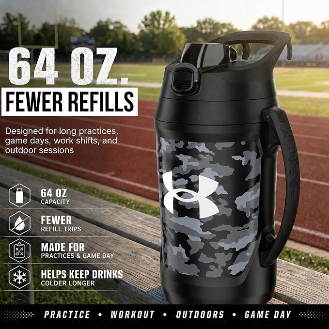Under Armour Insulated Water Bottle with Handle & Fence Hook, Half Gallon Sports Water Jug, Leak-Resistant & BPA-Free for Baseball, Football & Gym - Black Woodland, 64oz