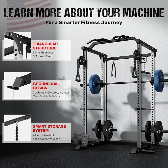 DP01 Power Cage, 2000LBS Squat Rack with Cable Crossover and Dual Independent Pulley System, Full Cage for Full Body Training, Power Rack with More Training Attachments for Home Gym