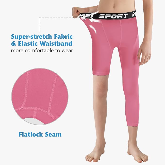 MIVEI One Leg Compression Tights Youth Boys Basketball Leg Sleeve | Kids Compression Pants Girls' Single Leg Tights 3/4 Leggings for Baseball Softball Soccer Running Football, Sports Base Layer