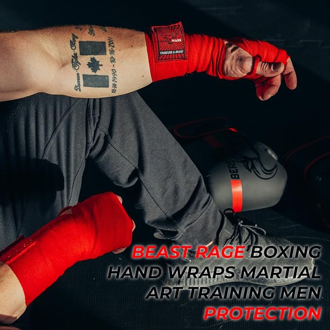 BEAST RAGE Boxing Hand Wraps for MMA Kickboxing Wrist Wraps Professional Adult 180" Semi-Elastic Martial Arts Inner Gloves Heavy Bag Handwraps Muay Thai Thumb Straps