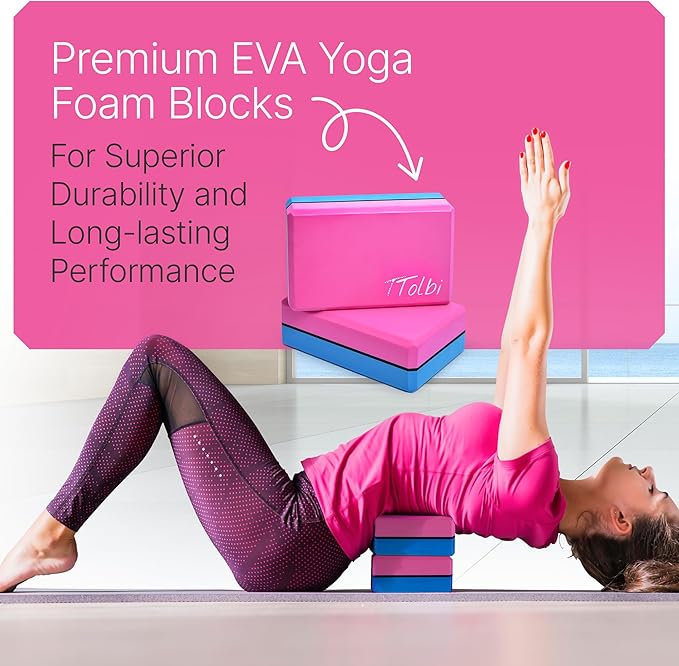 Yoga Blocks 2 Pack with Strap and Guide – Soft Non-Slip EVA Foam Blocks | High-Density Pilates Blocks for Home Workouts, Dance, Ballet, Gymnastics & Stretching Exercise, Dance Accessories and Gifts