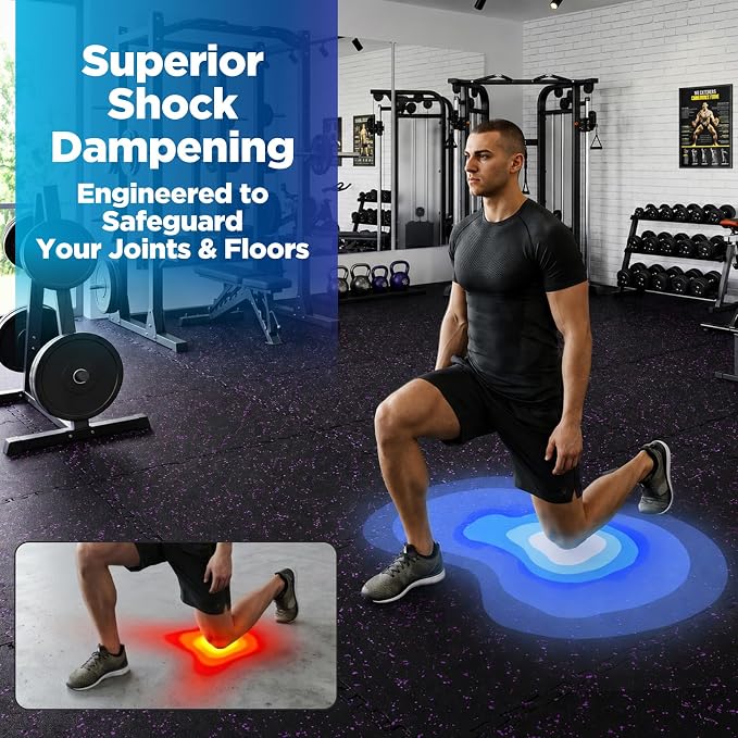 1'' Thick 96 Sq Ft Protective Gym Flooring for Home Gym, 24 Tiles Extra-Thick Rubber Top with High Density EVA Foam, Interlocking Exercise Equipment Mats, Heavy Weight Workout, Black & Purple