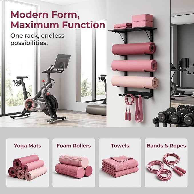 Home Gym Yoga Mat Holder - 4-Tier Wall Rack with Top Shelf and 5 Hooks | Metal Storage Rack Organizes Mats, Foam Rollers, Yoga Blocks, Resistance Bands, Jump Ropes And Workout Accessories.
