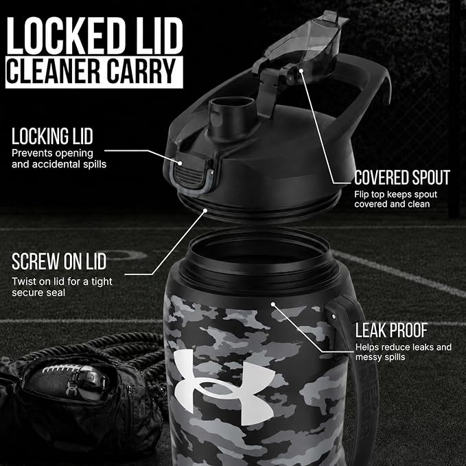 Under Armour Insulated Water Bottle with Handle & Fence Hook, Half Gallon Sports Water Jug, Leak-Resistant & BPA-Free for Baseball, Football & Gym - Black Woodland, 64oz