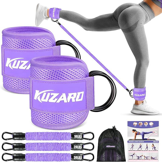 KUZARO Ankle Resistance Bands with Cuffs, Ankle Weights Bands for Working Out, Women Leg and Glutes Workout Equipment, Exercise Bands for Kickbacks, Butt and Booty Trainer, Home Gym Fitness Equipment