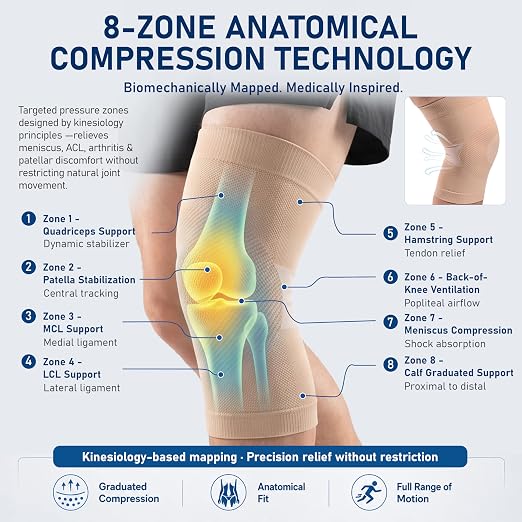 NURCOM Knee Brace, 8-Zone Compression Sleeve, Beige S | For Meniscus Tear, Arthritis, Acl, Mcl, Tendonitis & Joint Pain Relief, Running, Workouts, Recovery, Pair Pack, Men & Women