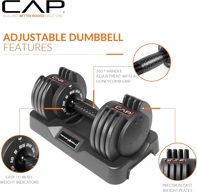 CAP ADJUSTABELL Adjustable Dumbbell Set, Premium Quick Select Adjustable Weights for Strength Training, Singles & Pairs, 12.5 LB, 25 LB & 55 LB, Round & Hex Dumbbells, Multiple Grip Handle Options