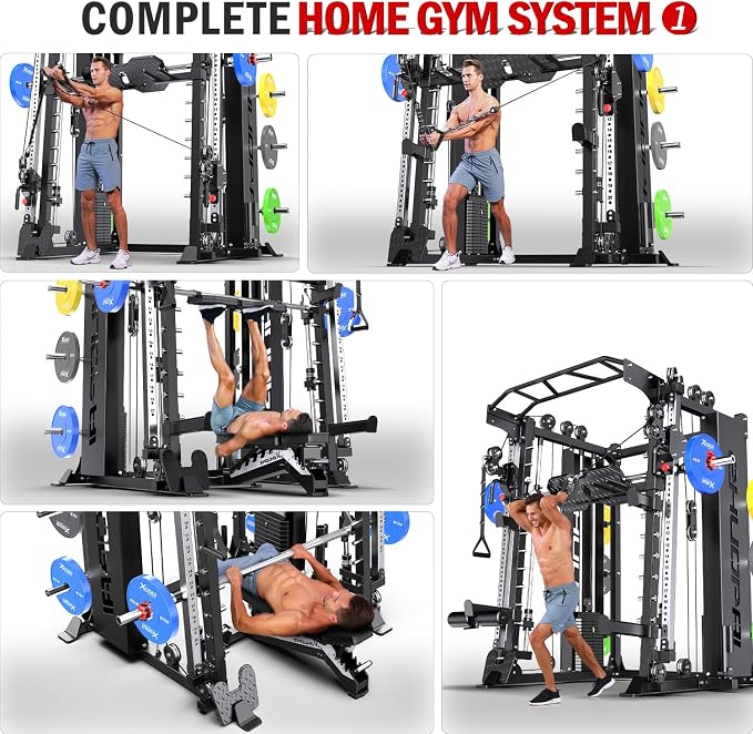 XGSW Smith Machine with Weight Stack, Multi-Function Squat Rack Power Cage with Cable Crossover System, for Home Gym
