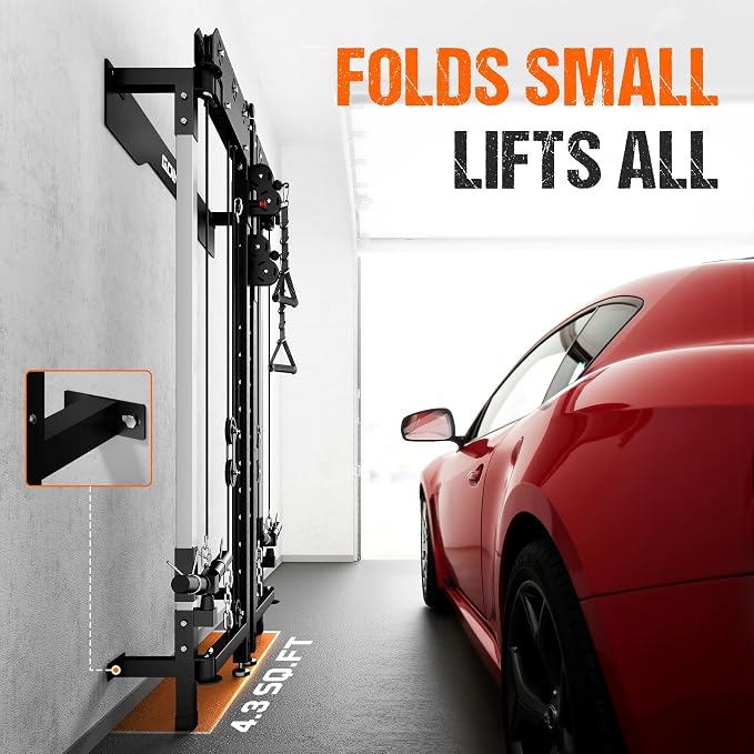WM3-V4 Folding Squat Rack, Wall Mounted Power Rack with Dual Independent Pulley System, Functional Trainer with 5 Adjustable Function Modes for Space Saving