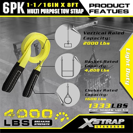 XSTRAP STANDARD 6PK 1"x8' Lift Sling Straps Wear Guard End Heavy Duty Strap | 4,000 lbs Break Strength Lifting Straps with 2 Reinforced Loops for Tree Saver Lifting Furniture Appliances Machine, hoisting