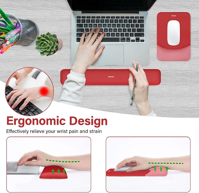 MOSISO Wrist Rest Support Mouse Pad & Keyboard Set, Red | Rectangular Ergonomic Mousepad, Non-Slip Base, Home/Office Pain Relief & Easy Typing, Neoprene Cloth & Raised Silicone Lining