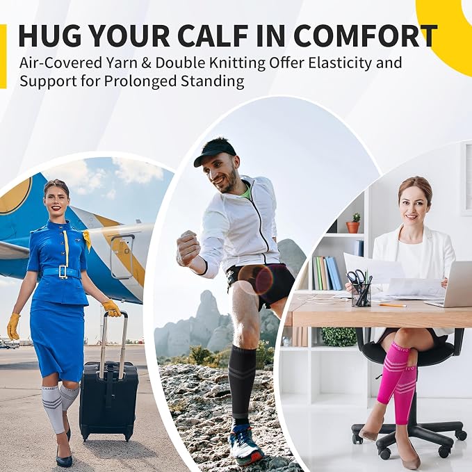 CAMBIVO Calf Compression Sleeve for Men Women Footless | Graduated Compression, Shin Splint Relief, Moisture Wicking, Running Standing Travel, 4D Knit Anti-Slip, Varicose Veins