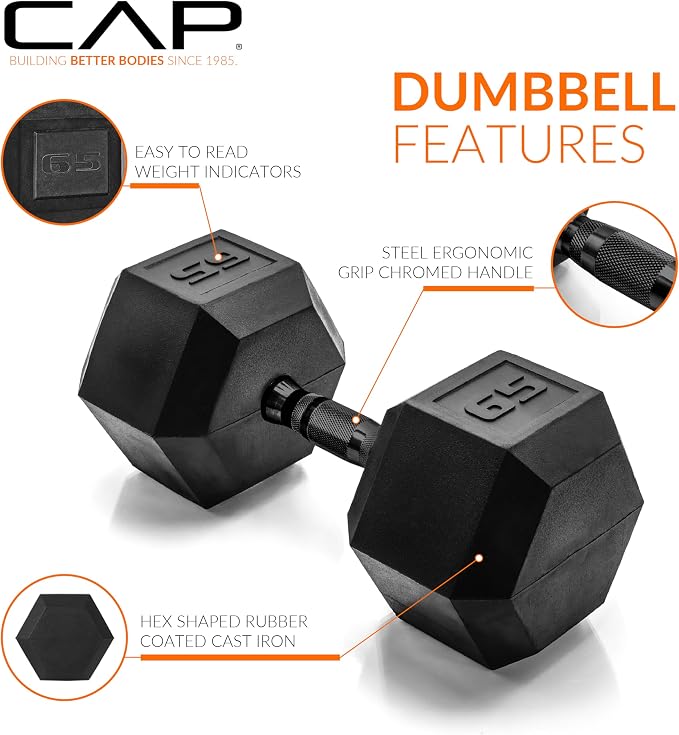 CAP Rubber Coated Dumbbell Weights, Free Weights for Home Gym Strength Training, Anti-Roll Hex Dumbbells with Black, Chrome & Comfort Grip Handles, Pairs & Sets