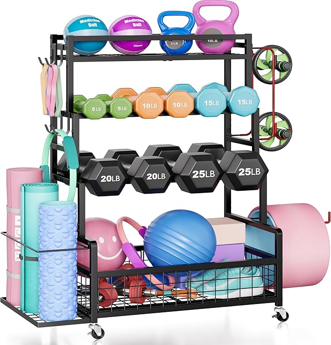 Dumbbell Rack for Home Gym, 490 lbs Weight Storage Rack with Wheels & Hooks | Heavy-Duty 490 lbs Weight Capacity,Easy Mobility with Locking Wheels,All-in-One Fitness Equipment Storage